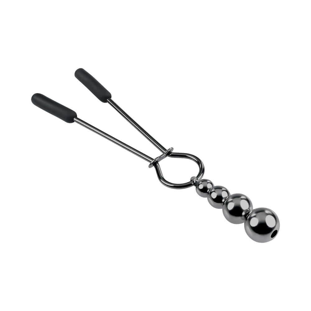 Selopa Beaded Nipple Clamps Stainless Steel Black Chrome with elegant design and hanging beads for stimulation.