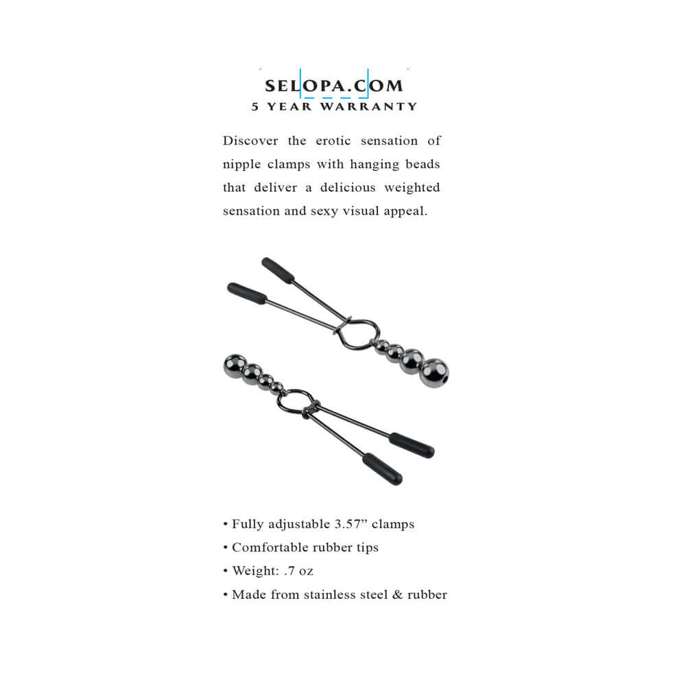 Selopa Beaded Nipple Clamps Stainless Steel Black Chrome with adjustable clamping and comfortable rubber tips.