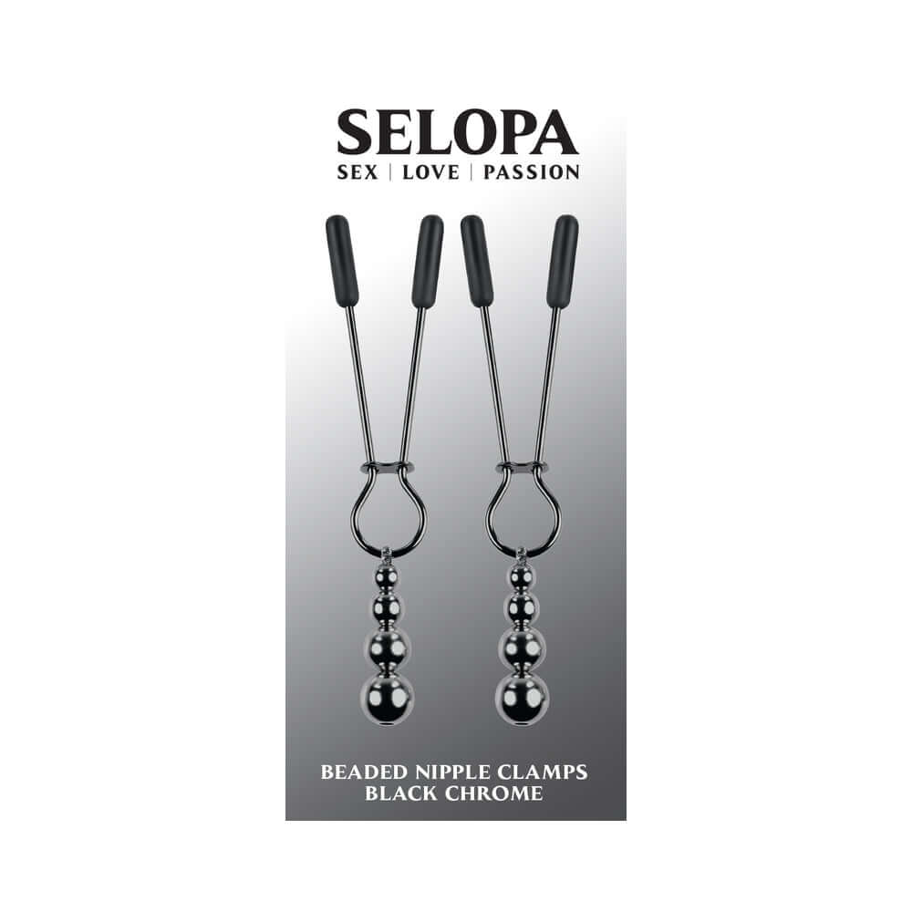 Selopa Beaded Nipple Clamps Stainless Steel Black Chrome on display, showcasing erotic elegance and weighted stimulation.