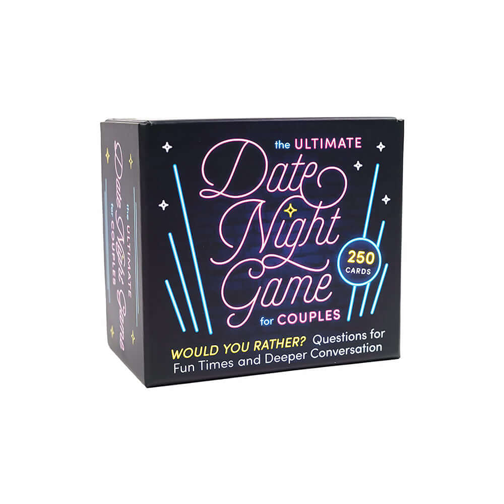The Ultimate Date Night Game for Couples Cards box featuring questions for fun and deeper conversations.