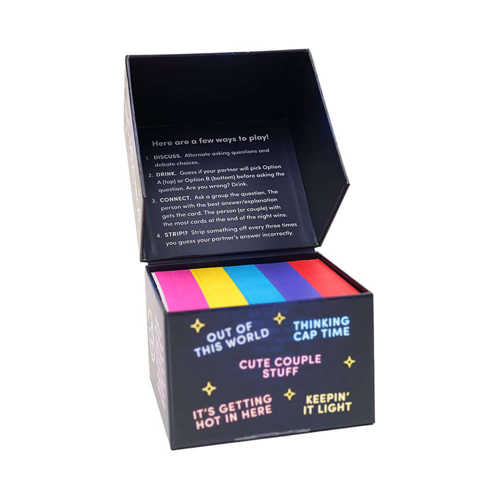 The Ultimate Date Night Game for Couples Cards in a stylish box featuring colorful cards and instructions for gameplay.