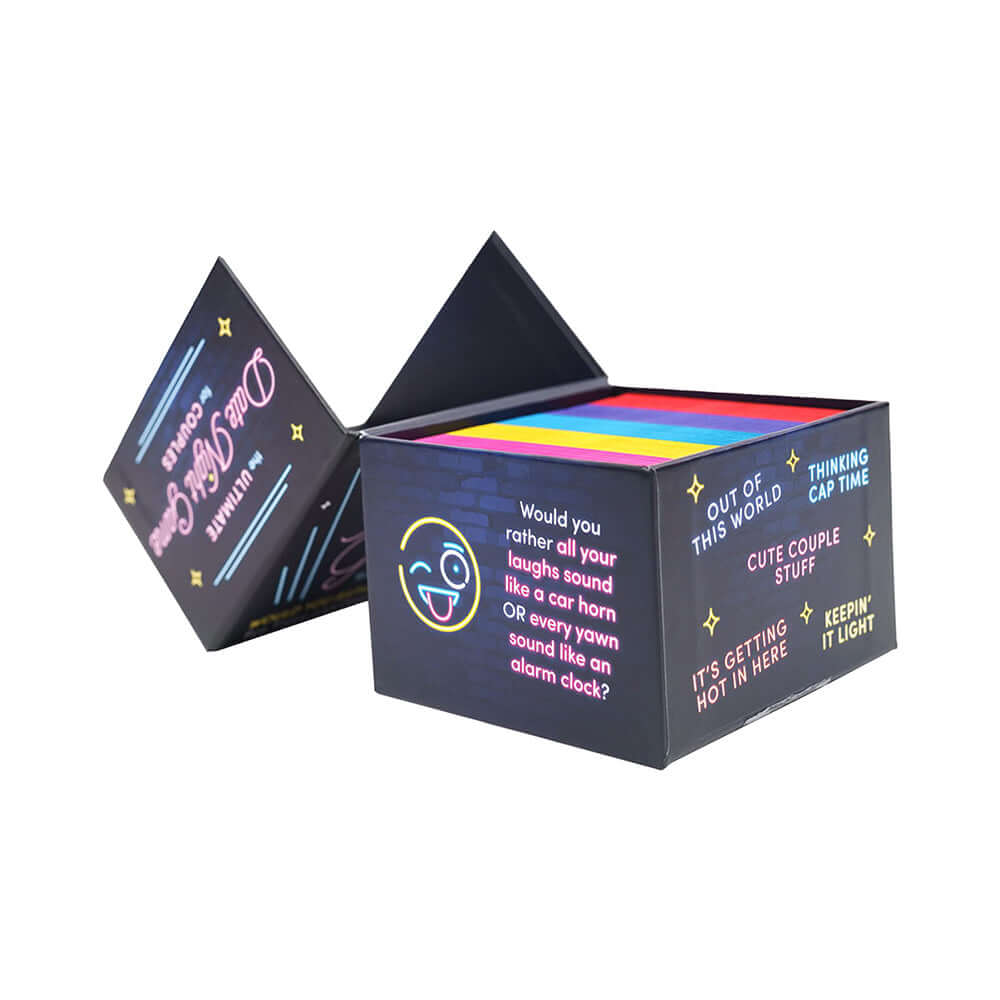 The Ultimate Date Night Game for Couples Cards box featuring colorful question prompts for couples.