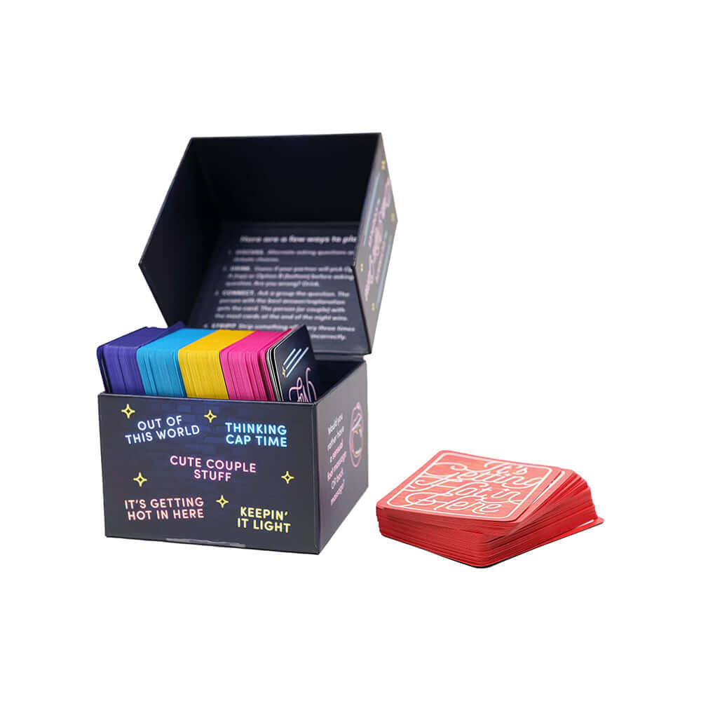 The Ultimate Date Night Game for Couples Cards with colorful question cards in a box.
