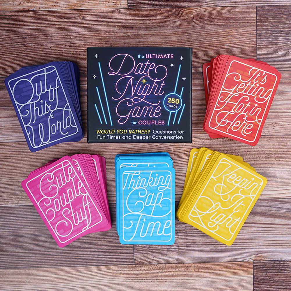 The Ultimate Date Night Game for Couples Cards, showing colorful card decks for fun and deeper conversations.