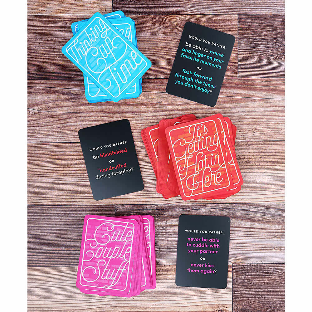 Colorful cards from The Ultimate Date Night Game for Couples Cards featuring fun 'Would You Rather?' prompts.