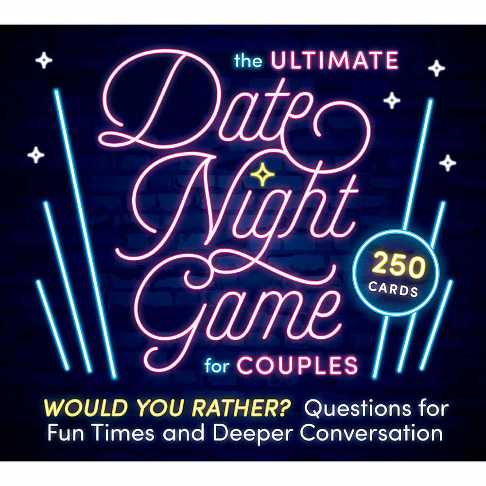 The Ultimate Date Night Game for Couples Cards featuring neon design and questions for fun and meaningful conversations