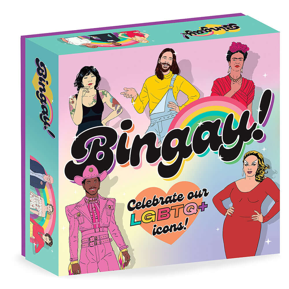 Bingay Celebrate Our LGBTQ+ Icons Game box featuring vibrant illustrations of LGBTQ+ icons and fun design.