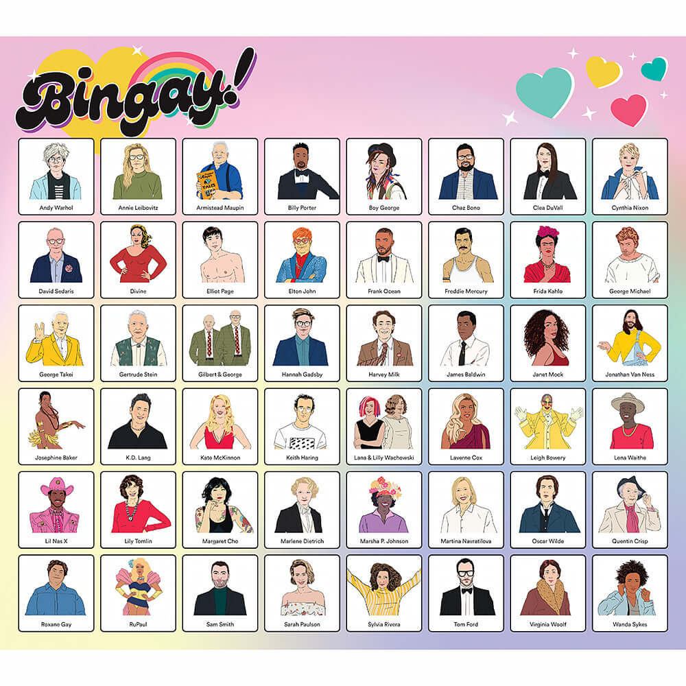 Bingay Celebrate Our LGBTQ+ Icons Game bingo card featuring diverse LGBTQ+ icons and influential figures in vibrant colors.