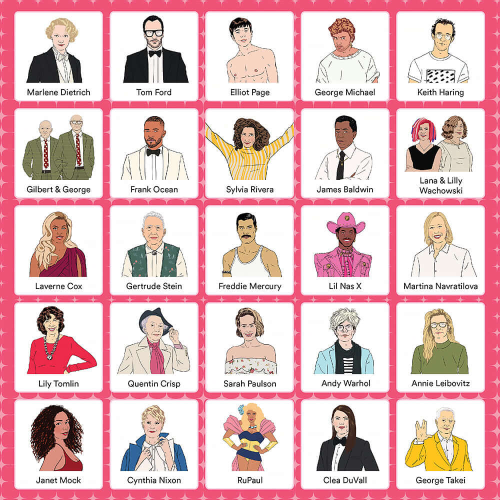 Bingay Celebrate Our LGBTQ+ Icons Game featuring influential LGBTQ+ figures in a colorful bingo format.