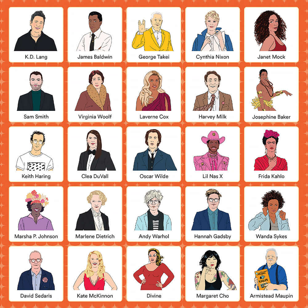 Bingay Celebrate Our LGBTQ+ Icons Game featuring illustrations of LGBTQ+ icons like K.D. Lang, George Takei, and Frida Kahlo.