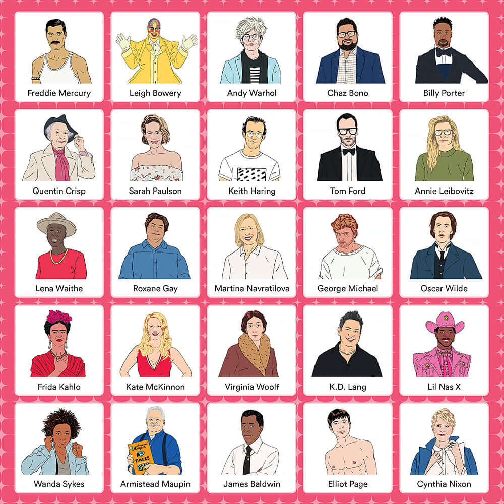 Bingay Celebrate Our LGBTQ+ Icons Game featuring portraits of LGBTQ+ icons like Freddie Mercury, Billy Porter, and RuPaul.