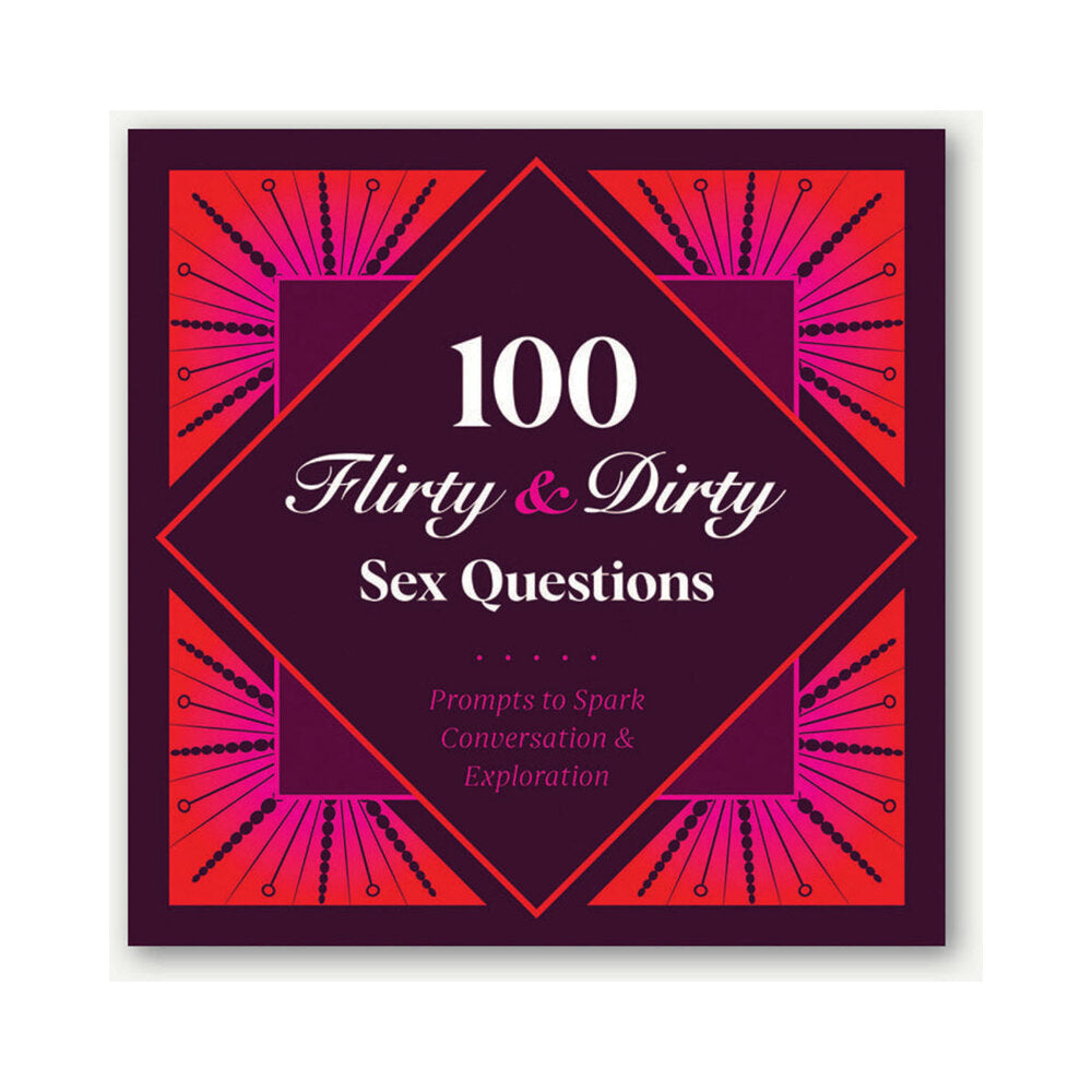 100 Flirty & Dirty Sex Questions Game card design featuring prompts for conversation and exploration.