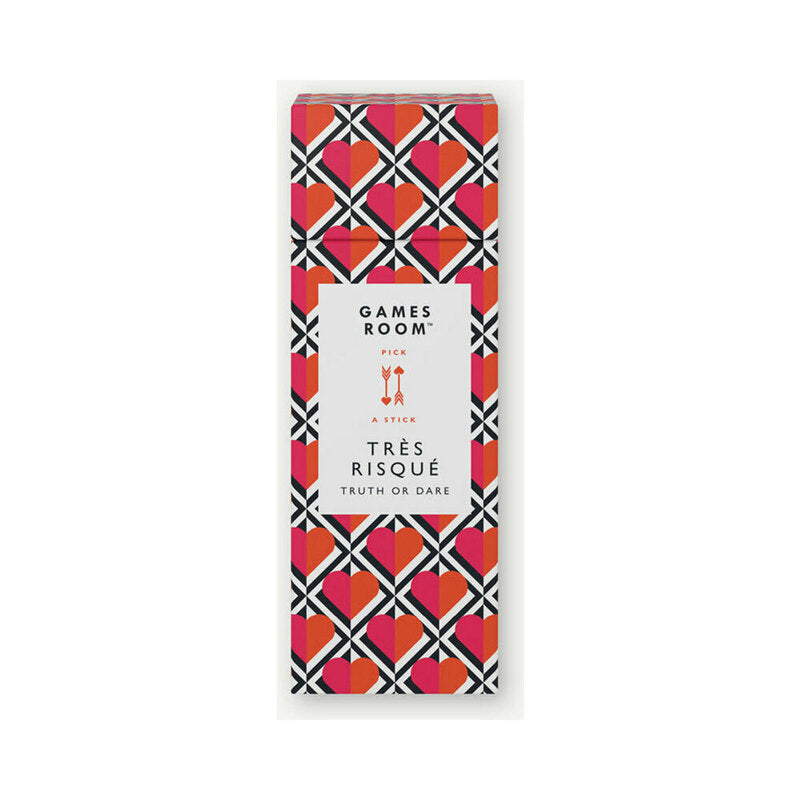 Games Room Tres Risque Truth or Dare Pick-A-Stick Game packaging featuring playful heart design.
