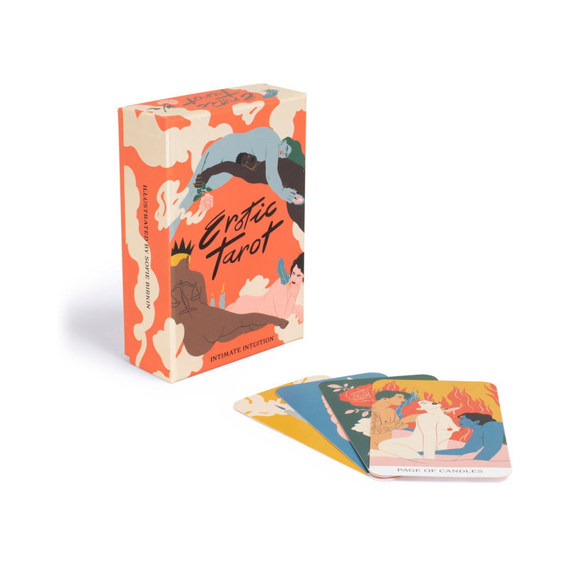 Erotic Tarot Intimate Intuition Card Deck packaging with colorful illustrations and tarot cards fanned out.