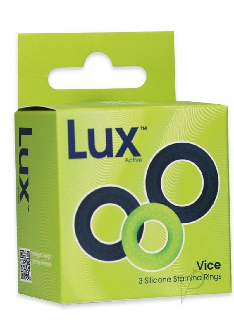 LUX Active Vice Silicone Stamina Rings 3 Pack Navy Green packaging showcasing three silicone stamina rings for enhanced performance.