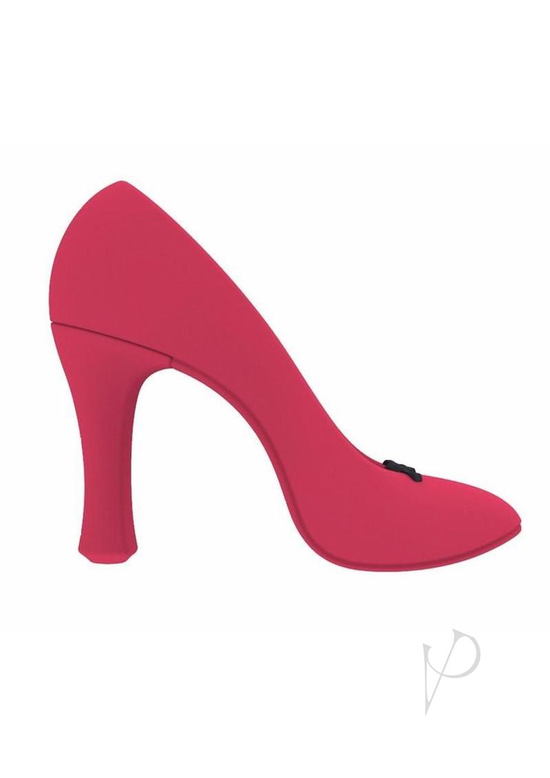 Power Pump Dual Motor Rechargeable Silicone Vibrator Red shaped like a chic high heel shoe for pleasure.