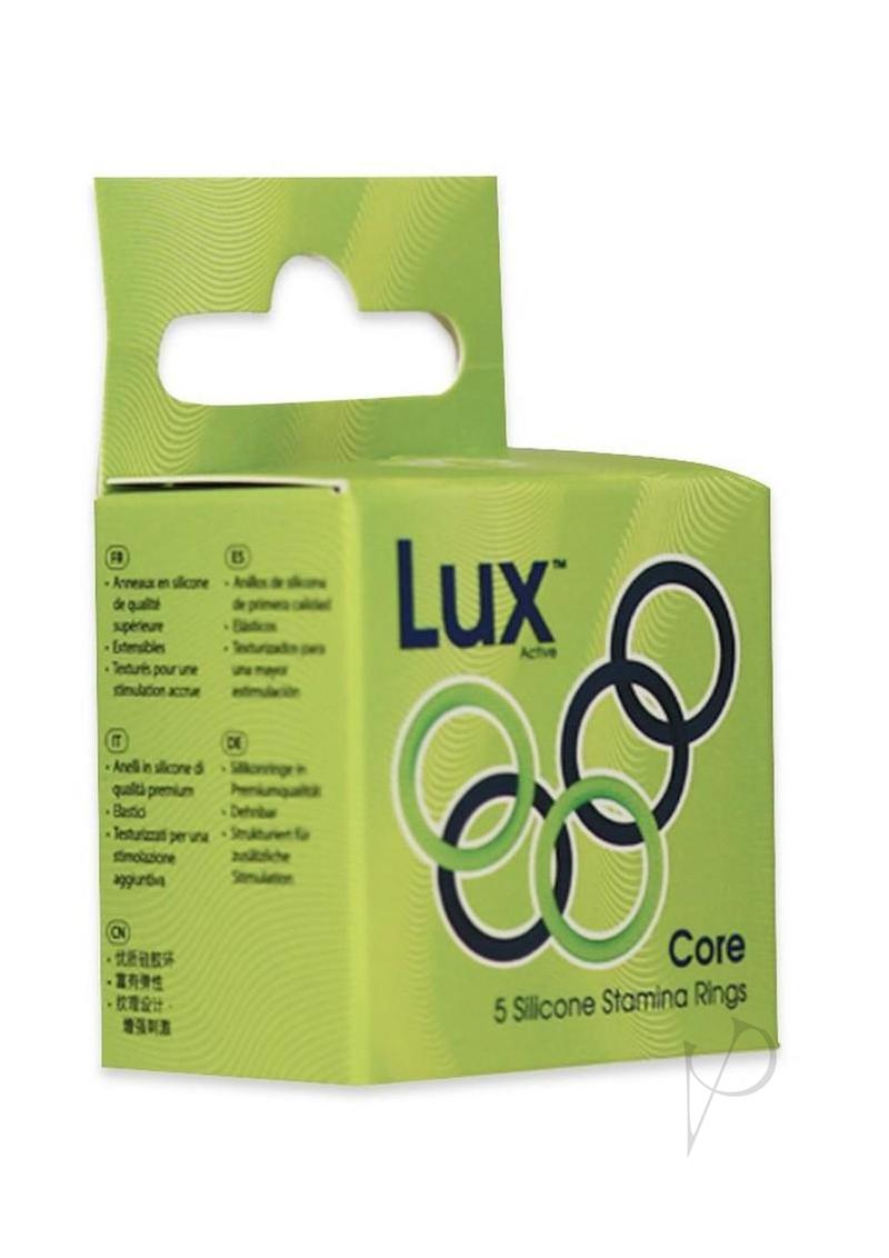 LUX Active Core Silicone Stamina Rings 5 Pack Navy Green packaging with rings design and product information.