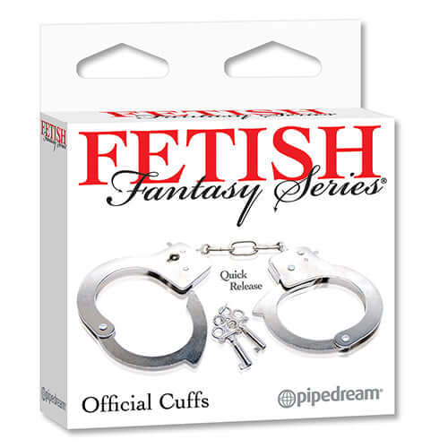 Fetish Fantasy Series Official Handcuffs Silver packaging with cuffs and quick release feature.