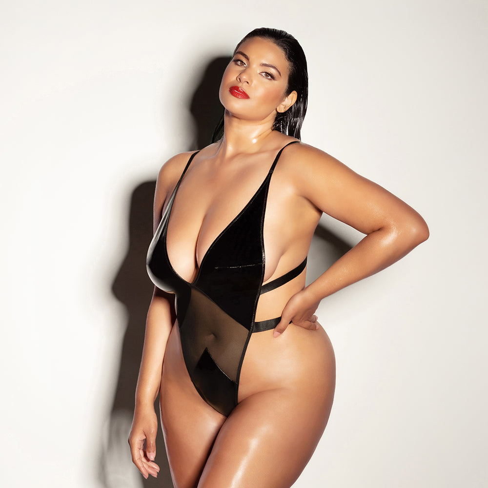 Oh La La Cheri Limitless Soft Cup High Leg Vinyl and Mesh Teddy 1XL/2XL