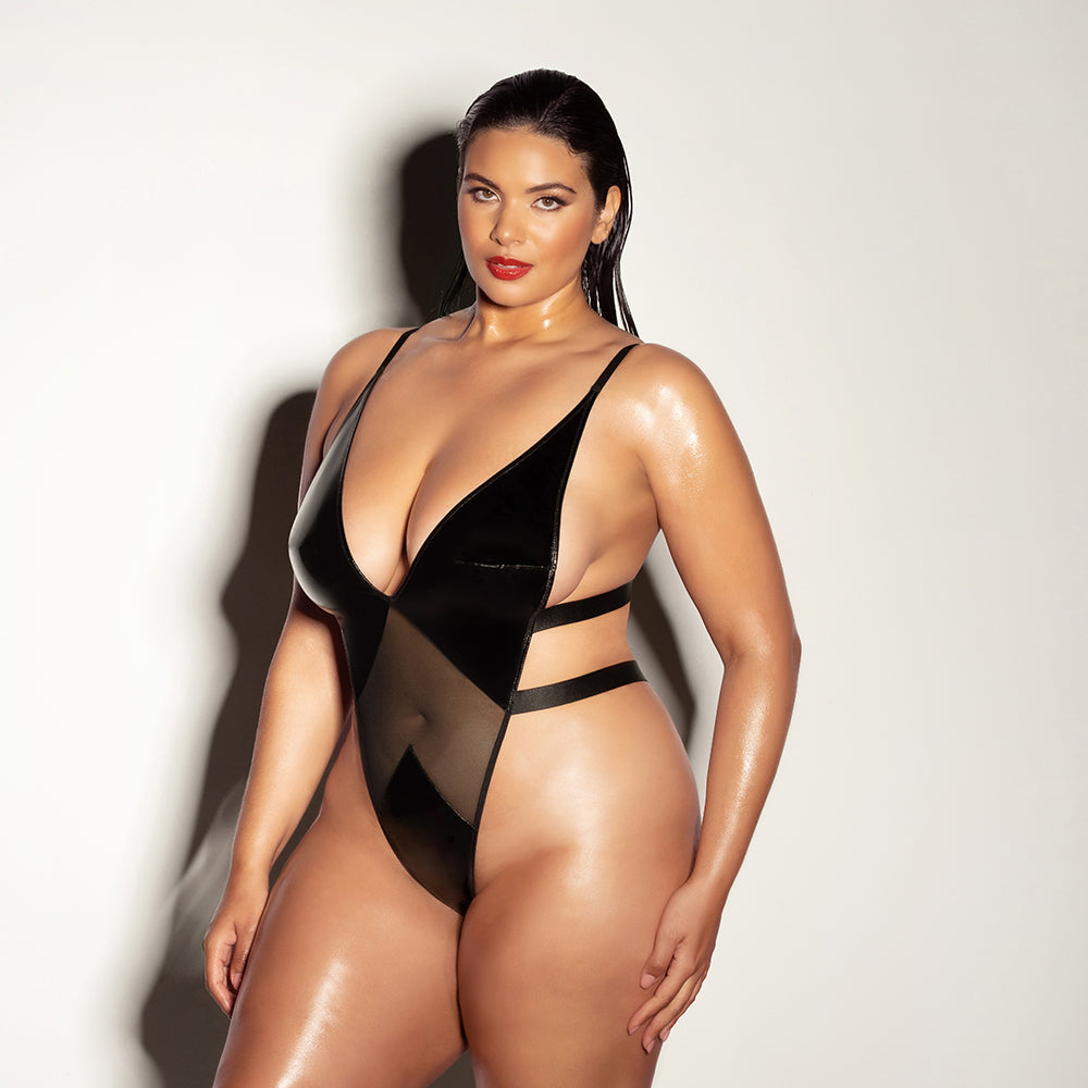 Oh La La Cheri Limitless Soft Cup High Leg Vinyl and Mesh Teddy 1XL/2XL