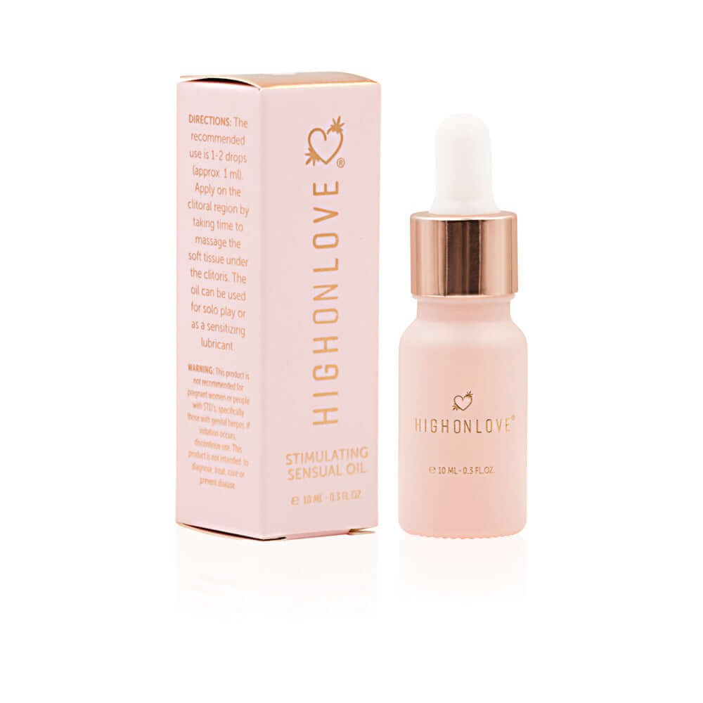 HighOnLove Mini Sensual Stimulating Oil in a pink bottle with a dropper for enhancing intimate experiences.
