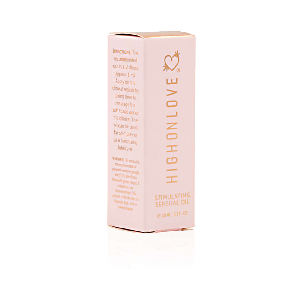 HighOnLove Mini Sensual Stimulating Oil packaging with usage directions for enhancing intimacy and pleasure.