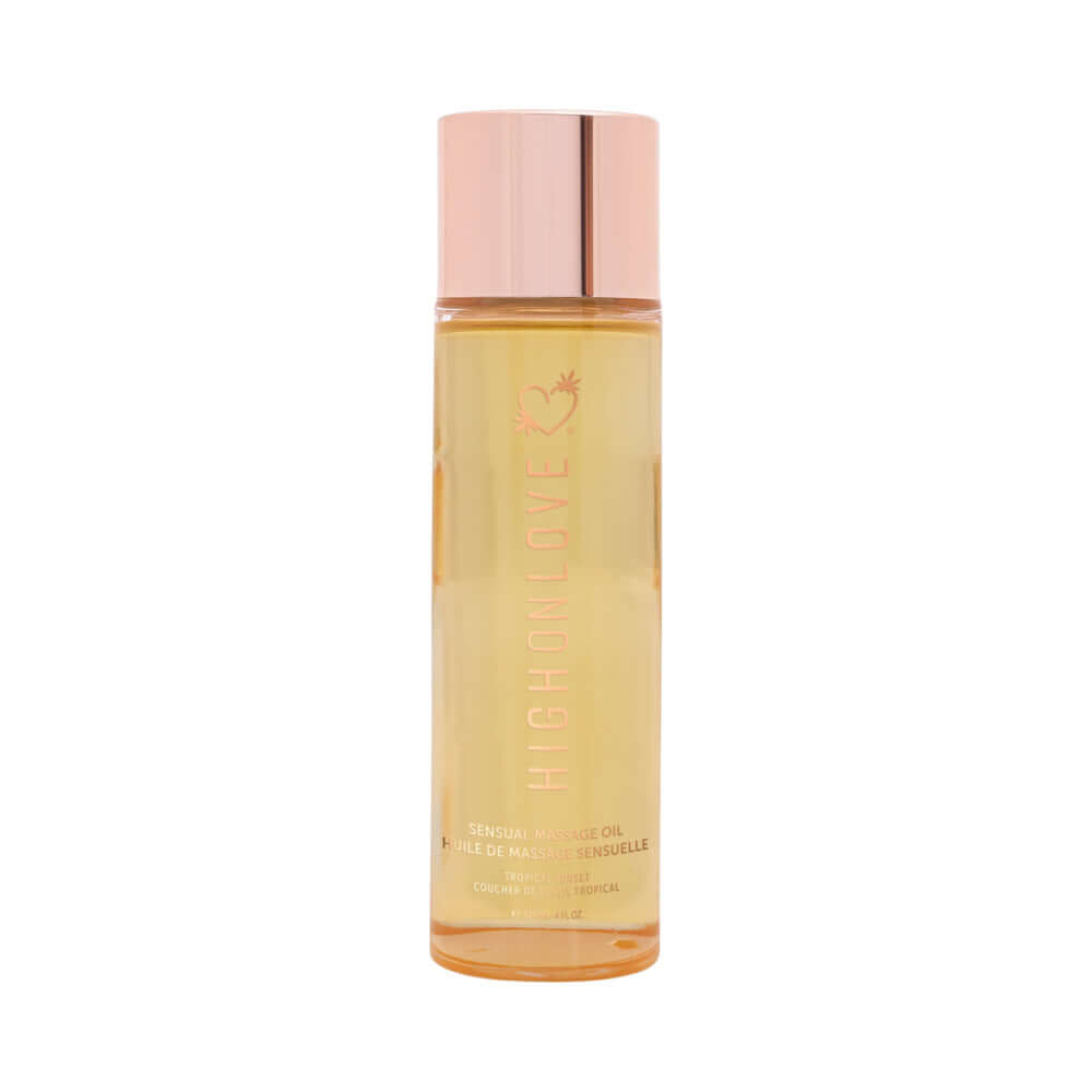 HighOnLove Massage Oil Tropical Sunset in an elegant bottle with a rose gold cap, promoting relaxation and intimacy.