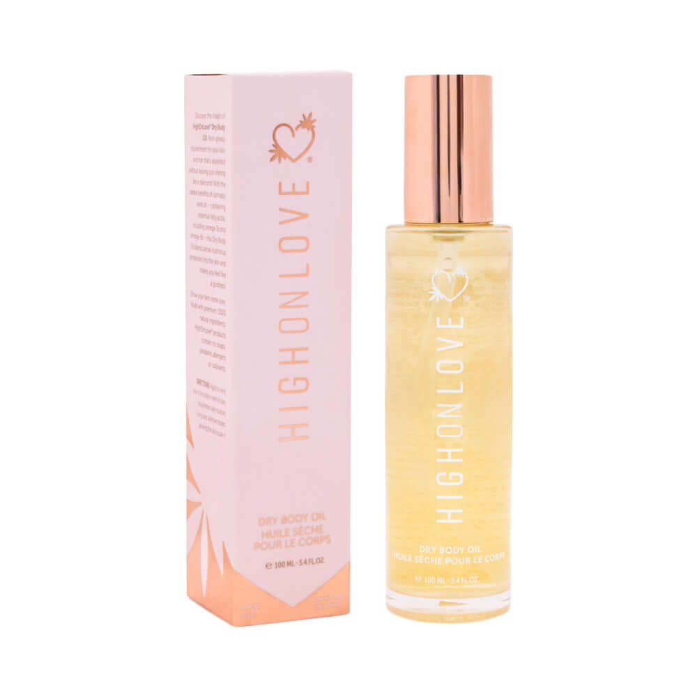 HighOnLove Dry Body Oil Spray bottle and packaging for nourishing skin and hair with a natural glow.