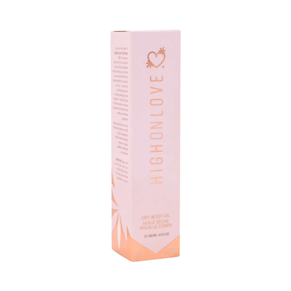 HighOnLove Dry Body Oil Spray packaging on a light pink box with branding and product details.