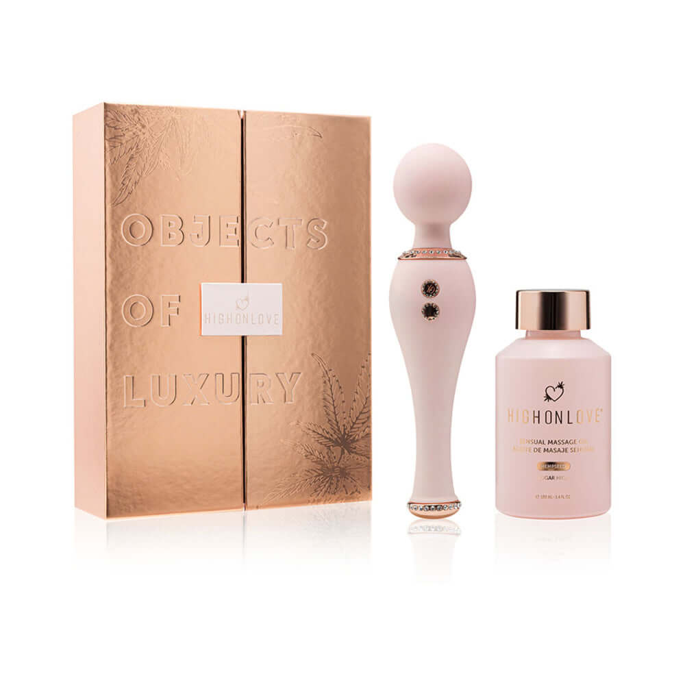 HighOnLove Objects of Luxury Gift Set featuring massage oil and silicone body wand in elegant packaging.