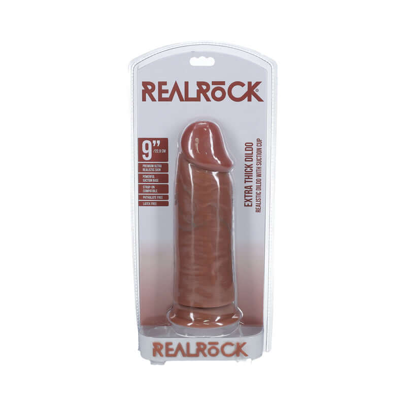 RealRock Extra Thick 9 inches Dildo Tan in packaging, realistic design for enhanced pleasure.