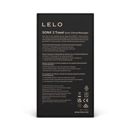 LELO SONA 2 Travel Clitoral Massager Purple packaging with product details and instructions.