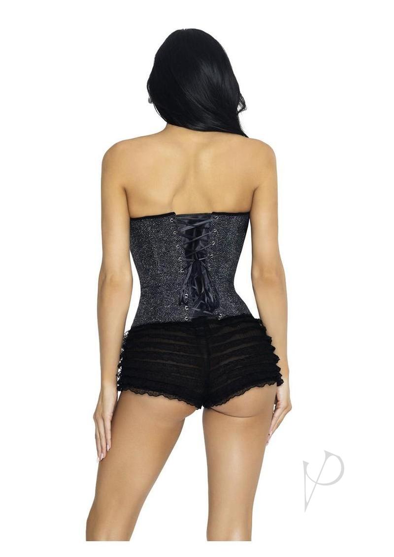 Leg Avenue Glitter Boned Corset Lace-Up Back Large Black shown from the back with matching ruffled shorts.