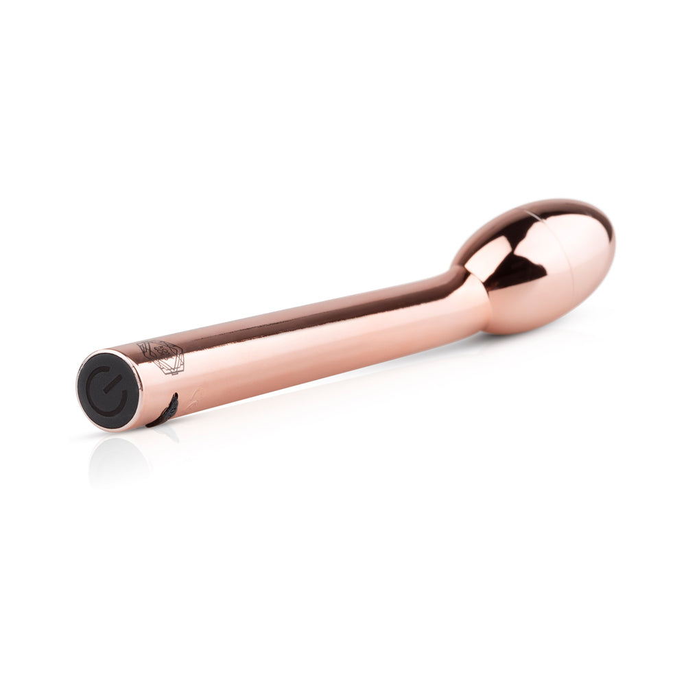 Rosy Gold Nouveau G-spot Vibrator showcasing its elegant rose gold design and curved tip for targeted stimulation.