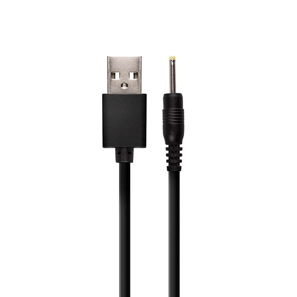 Black USB charging cable with plug for electronic devices.