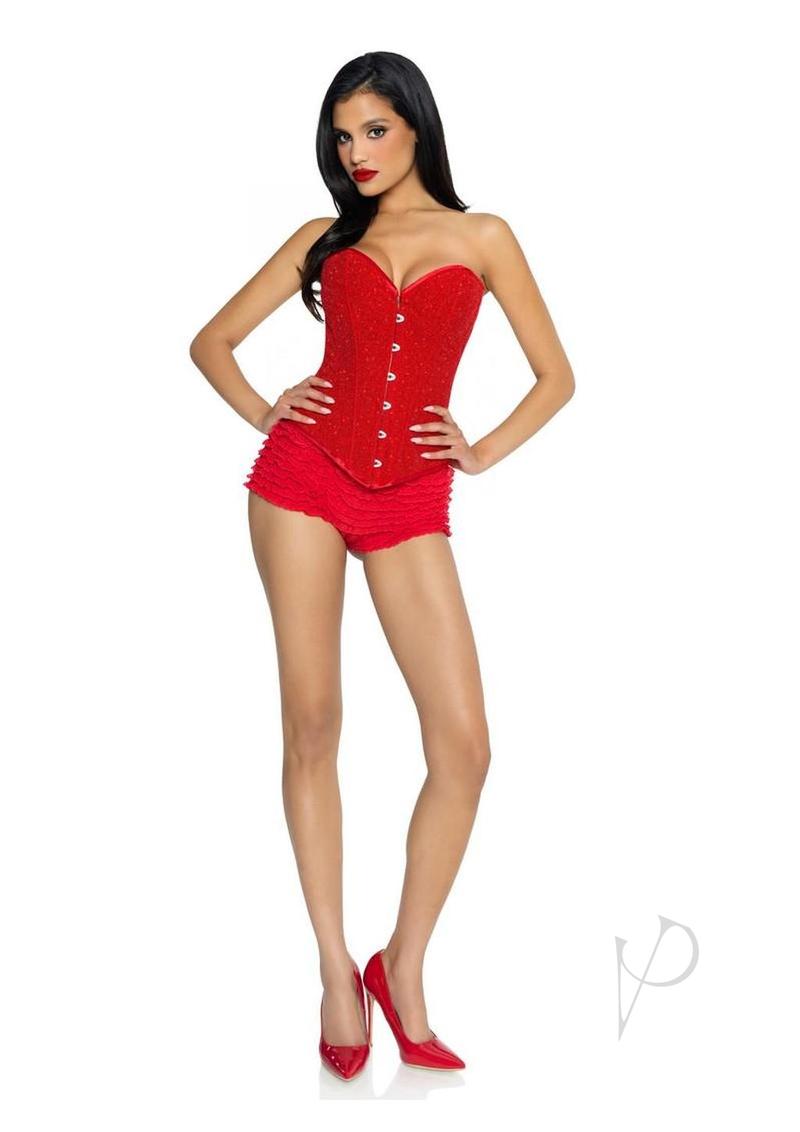 Leg Avenue Glitter Boned Corset with Lace-Up Back Medium Red worn by a model in red high heels.