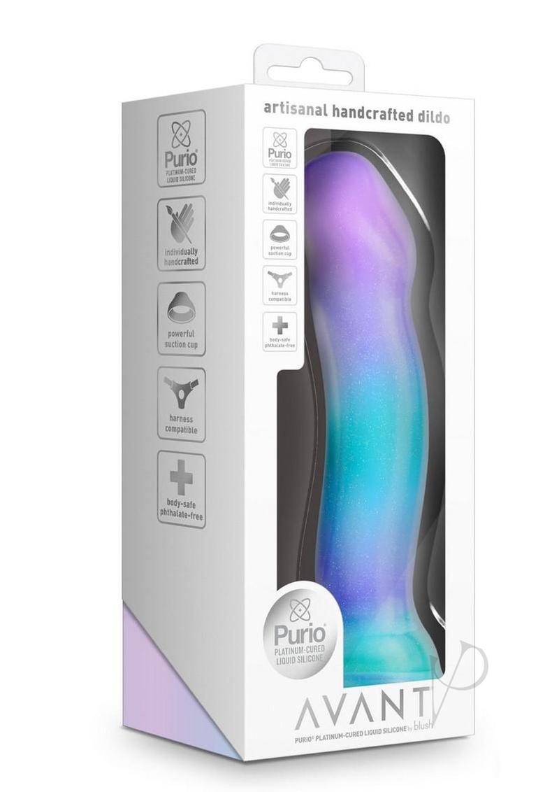 Avant Aurora Handcrafted 7 Inch Silicone Dildo Purple Teal in packaging with logo and features displayed.