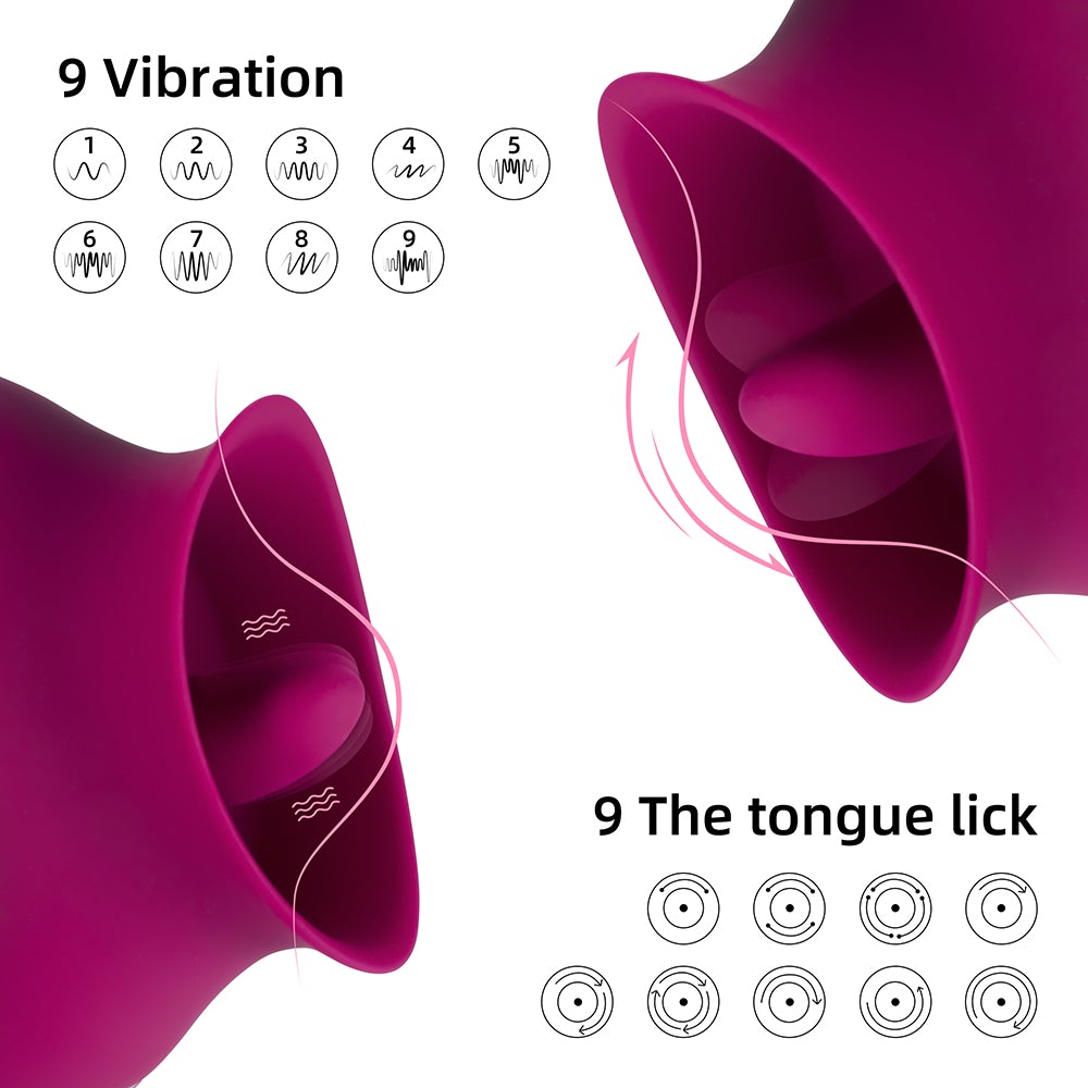 Image showing the features of Honey Play Box Alvina Tongue Licking Clitoral Vibrator with 9 vibration modes and tongue lick functions.