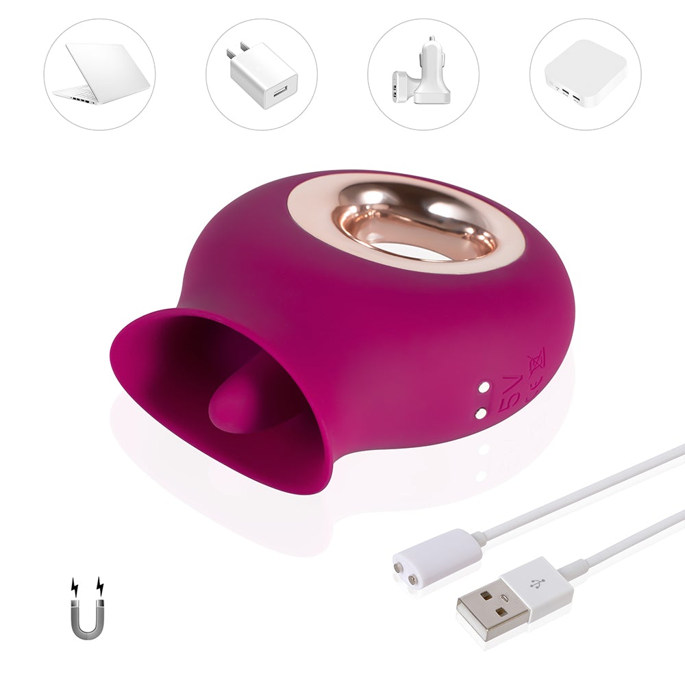 Honey Play Box Alvina Tongue Licking Clitoral Vibrator in vibrant purple with charging cable.