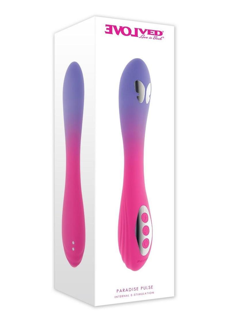 Evolved Paradise Pulse Silicone Vibrator Pink Purple in packaging, showcasing its sleek design and features.