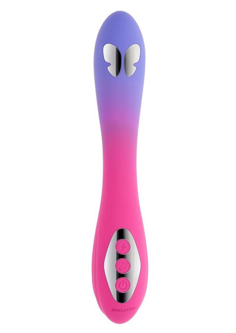 Evolved Paradise Pulse Silicone Vibrator Pink Purple featuring dual motors and pulse/vibration controls.