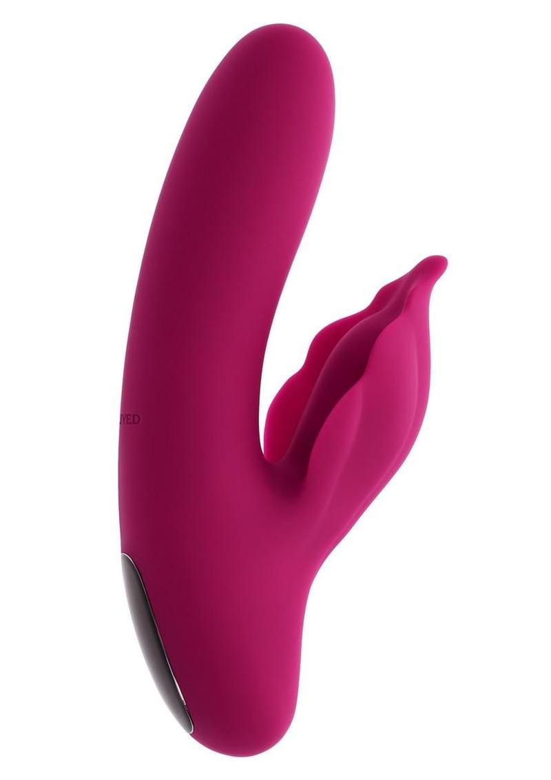 Evolved Venus Silicone Rabbit Vibrator Burgundy with a curved shaft and seashell-shaped stimulator in rich burgundy color.