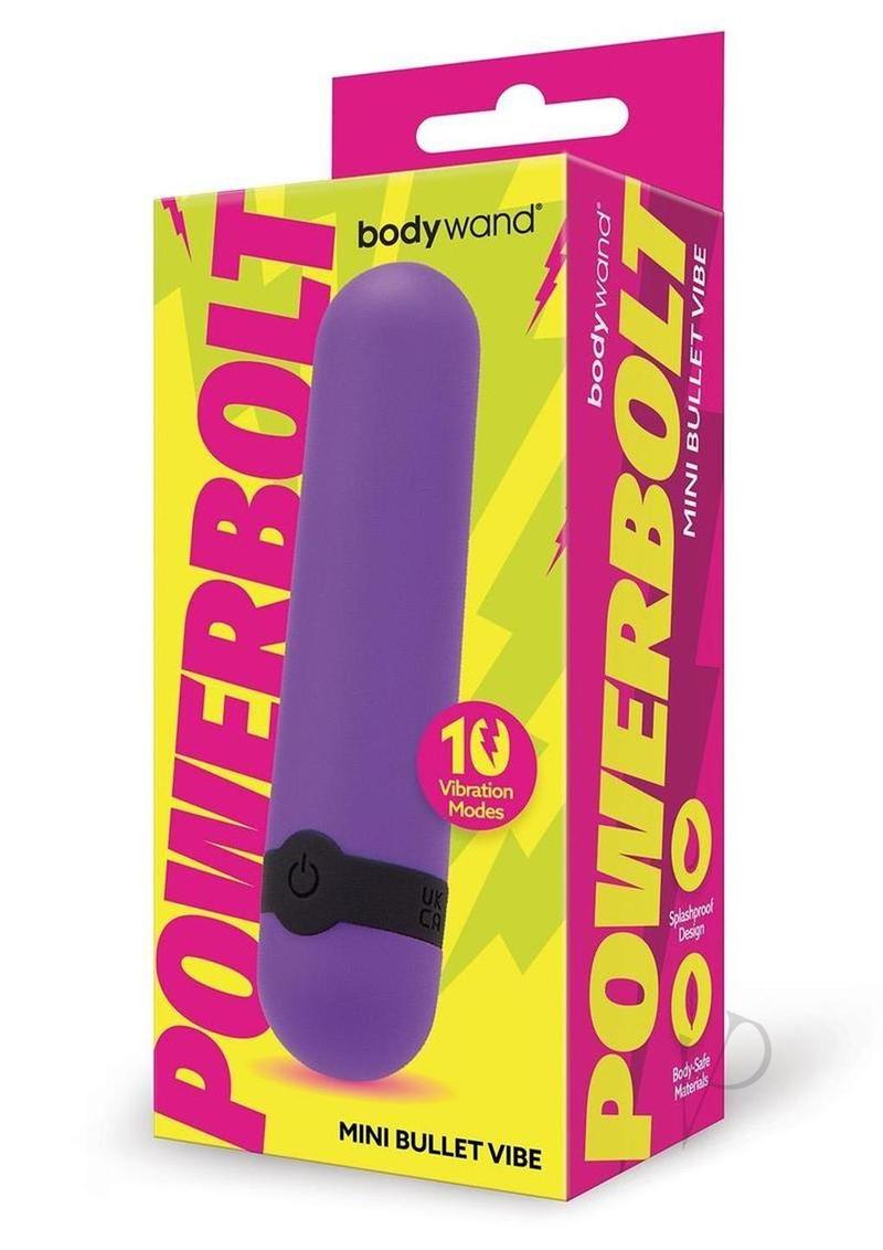 Bodywand Powerbolt Rechargeable Mini Bullet Purple in packaging showcasing 10 vibration modes and splashproof design.