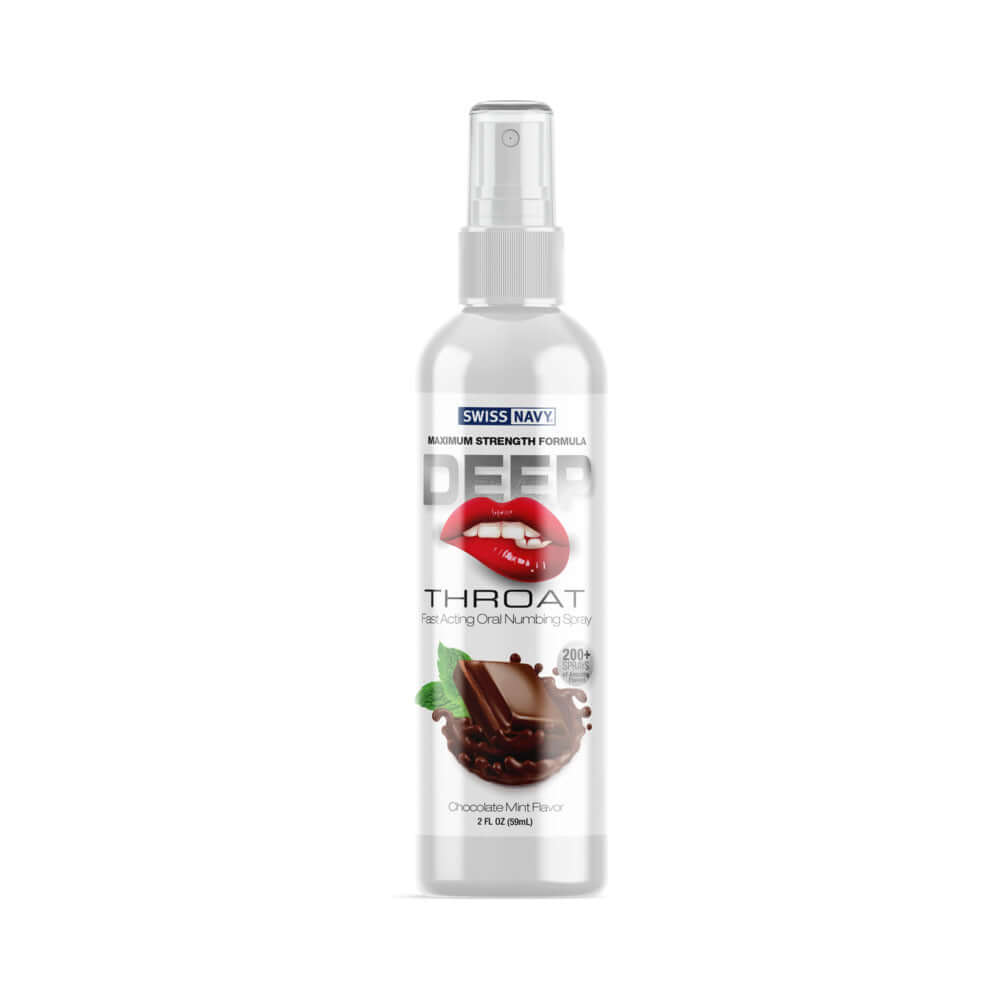 Swiss Navy Deep Throat Spray Chocolate Mint 2 Oz bottle featuring oral numbing spray with chocolate mint flavor.