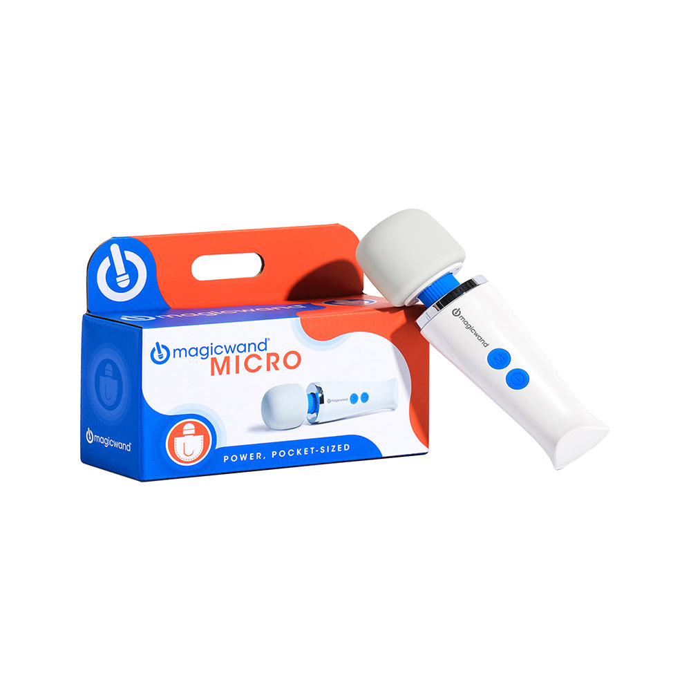 Magic Wand Micro HV-60 Rechargeable Massager in pocket-sized packaging with white and blue design.