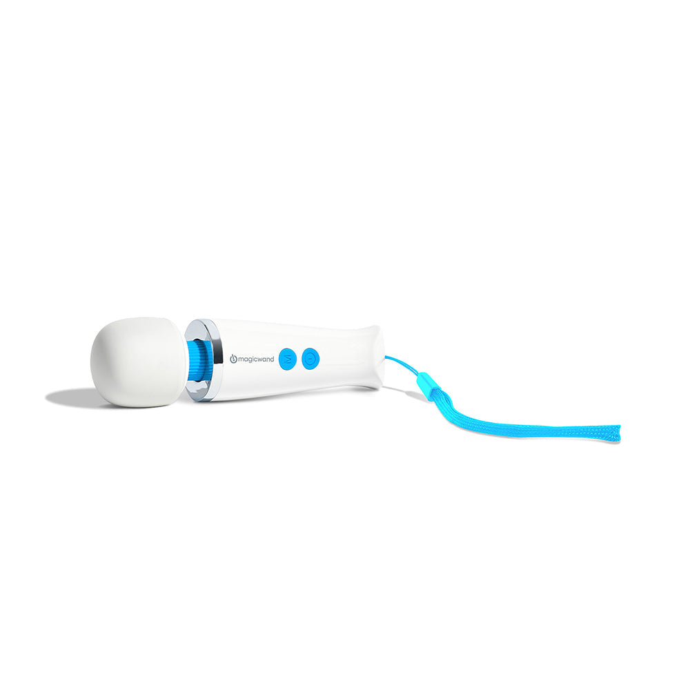 Magic Wand Micro HV-60 Rechargeable Massager in white and blue design, showcasing compact massage head and controls.