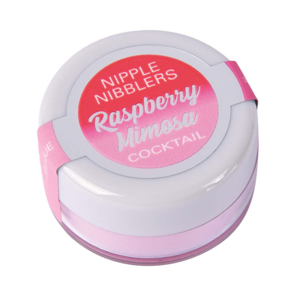 Jelique Cocktail Nipple Nibblers Assorted Flavors 36 Pc Raspberry Mimosa flavor in a stylish jar.
