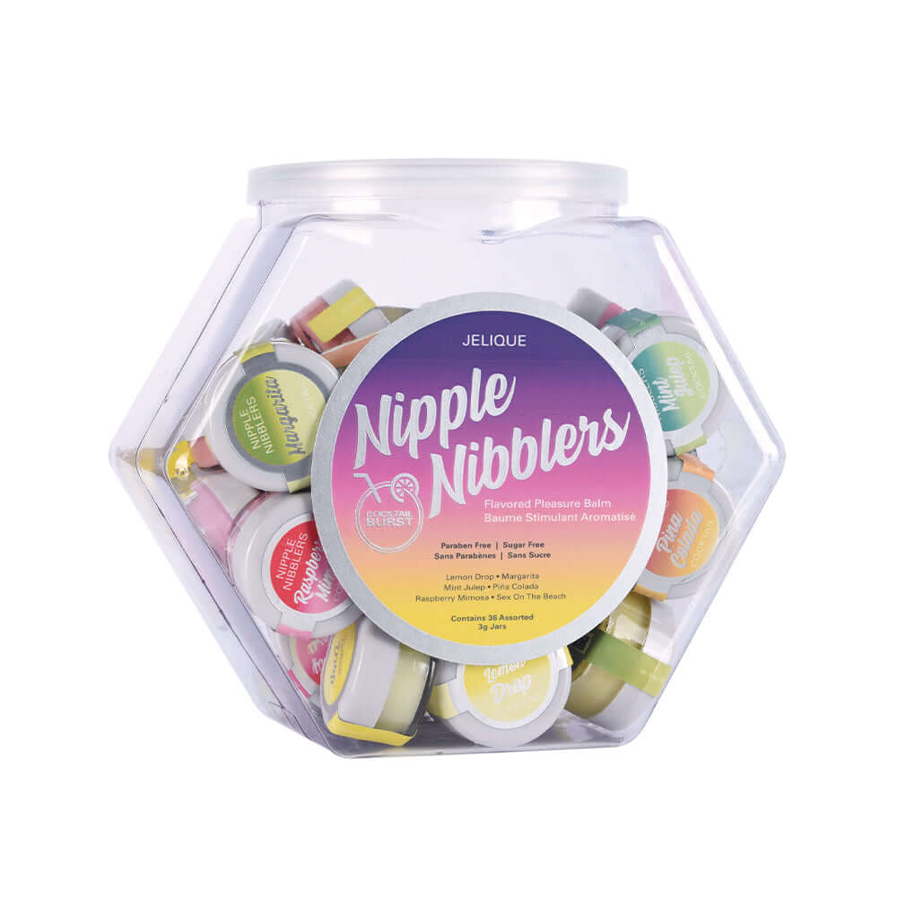 Jelique Cocktail Nipple Nibblers Assorted Flavors 36 Pc in a hexagonal jar with colorful lids and labels.