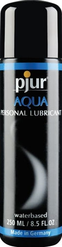 Pjur Aqua Water-based Lubricant 250 ml bottle with black design, water-based formula for personal use.