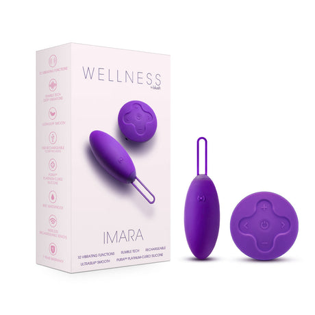 Wellness Imara Vibrating Egg with Remote Purple and packaging, featuring sleek design and body-safe silicone.